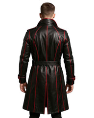 Men’s black and red gothic faux leather trench coat with belted waist and red trim viewed from the back