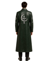 Men's green leather long flowing gothic coat with moon and cross embroidery on back and sleeves