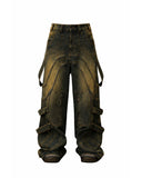 Mens baggy cargo jeans in washed dark denim with wide-leg fit, utility straps, curved seam panels, and streetwear styling shown in product and model view.