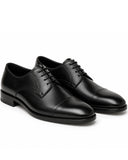 A pair of black leather cap-toe oxford shoes with matching black laces, displayed on a clean white background.