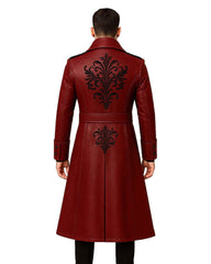 Back view of men's blood red gothic leather trench coat with black embroidered design