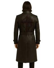Back view of Black Gothic Cross Leather Trench Coat with red cross embroidery and belted waist