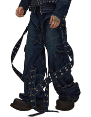 Men's Grommet-Strap Cargo Jeans with grommet details and adjustable straps, streetwear utility pants in a gothic style
