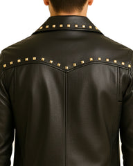 Black Studded Leather Zip Jacket