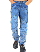 Black patchwork denim jeans with distressed detailing and multiple pockets for streetwear fashion