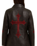 Black gothic leather trench coat with red cross embroidery on back and sleeves, full-length and button-down style