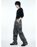 Y2K distressed black denim cargo pants with oversized fit and multiple pockets