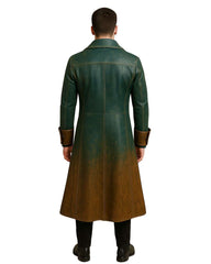 Back view of Vintage Green Brown Leather Trench Coat with dual-tone finish and full-length design on a model
