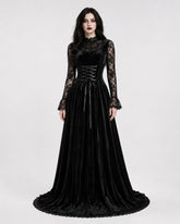 Midnight Widow Gothic Vampire Costume Dress front view in black velvet with lace sleeves