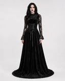 Midnight Widow Gothic Vampire Costume Dress front view in black velvet with lace sleeves
