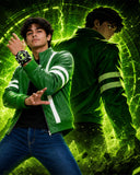 A man in a green and white bomber jacket poses with a glowing green watch, with a stylized green digital background and a second illustrated figure behind him.