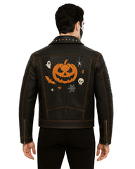 Halloween Pumpkin Studded Leather Jacket – Spooky Skull & Bat Design