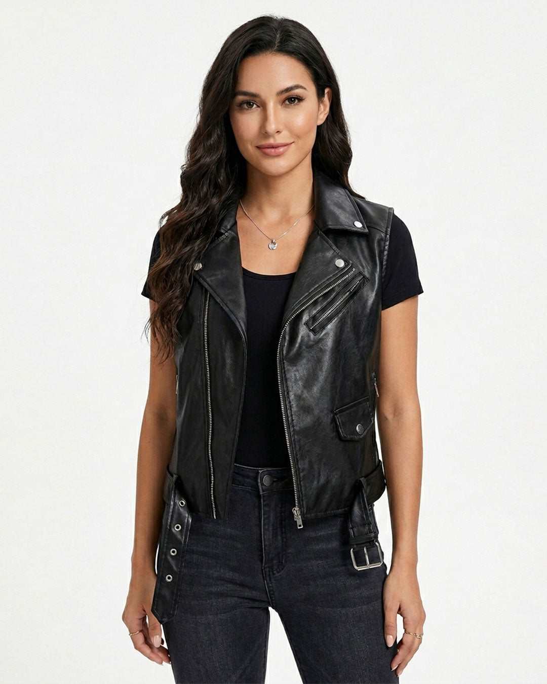 Women's black moto leather vest with zippered front and adjustable straps for a stylish, functional fit