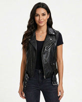 Women's black moto leather vest with zippered front and adjustable straps for a stylish, functional fit