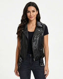 Women's black moto leather vest with zippered front and adjustable straps for a stylish, functional fit
