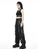 Side view of buckle pants showing wide-leg fit and strap panels