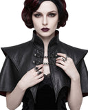 Women’s black gothic leather shoulder cape with high collar, pointed shoulders, chain closures and deep-red inner lining, front view
