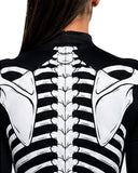 Women’s skeleton body suit Halloween costume with black fitted bodysuit and white full-body bone print