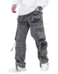 Men’s wide leg denim gothic cargo pants with relaxed fit and multi-pocket design