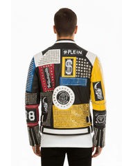 Men's multicolor patchwork leather jacket with vibrant patches and studded detailing on black leather base