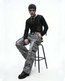 Front view of men's Y2K cargo pants in dark washed denim with oversized fit and multiple flap pockets