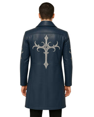Men’s blue gothic leather coat with silver embroidered cross design on back and sleeves, tailored long silhouette