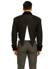 Back view of black swallow tail jacket with high-low hemline and fringe shoulder details worn by man