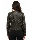 Women's Black Quilted Leather Jacket with Gold Studded Accents