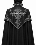 Back view of a black vampire cloak with silver embroidered shoulder cape, cross-inspired ornament and flowing floor-length silhouette.