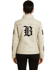 Back view of Gothic Cream Leather Jacket with black gothic embroidery on sleeves and back, worn with black pants