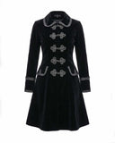 Women wearing elegant black velvet gothic coat with Victorian dark romance style