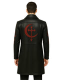 Men’s Gothic Vampire Leather Coat black with red crescent cross embroidery on back and sleeves