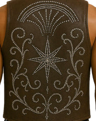 Brown leather vest with intricate star and swirling studded design on back, gothic western style Star Studded Leather Vest