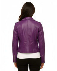 Back view of purple studded biker jacket on woman with zipper details and silver studs on collar