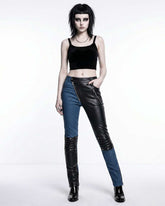 Women's Street Rider Hybrid Moto Pants in faux leather and denim with zippered and studded biker details