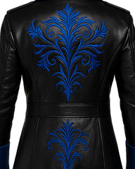 Men black and blue gothic leather trench coat with royal blue embroidered design on back