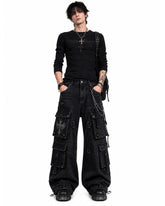 Male model wearing black gothic baggy cargo pants front pose
