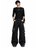Male model wearing black gothic baggy cargo pants front pose