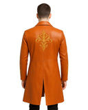 Men's orange leather long jacket tailcoat with gold embroidery on back and sleeves, featuring a split-tail design.