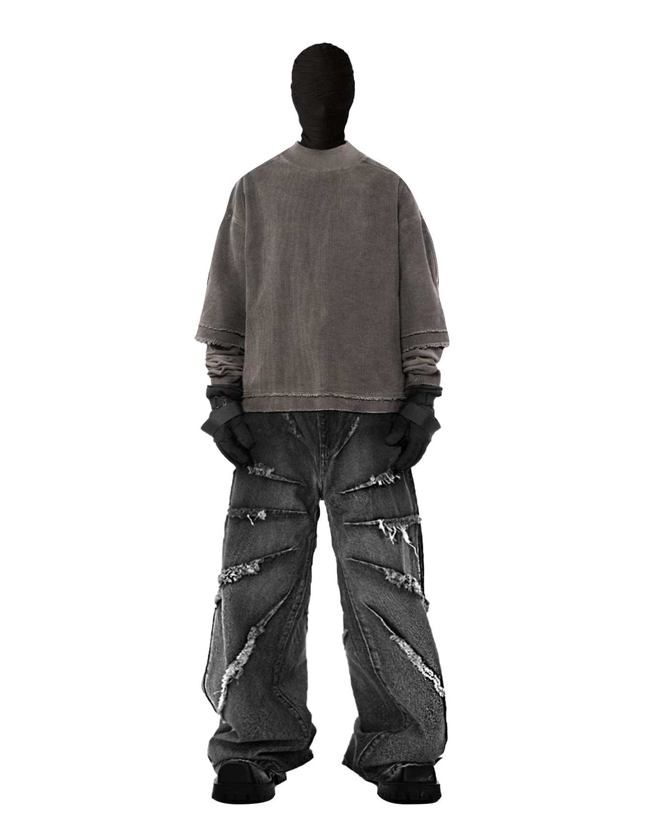 Men's gothic straight leg pants with raw edge hem, Trippprs Raw Edge minimalist design and premium fabric.