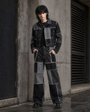 Men’s double denim outfit set with black and grey patchwork jacket and baggy wide-leg jeans front view