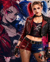 A woman styled as Harley Quinn wears a red leather jacket, black studded crop top, denim shorts, fishnet stockings, and black gloves, posed in front of a large painted portrait of Harley Quinn.