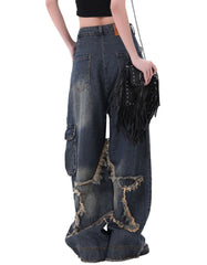 Women's Patchwork Fringe Pocket Wide Leg Loose Casual Cargo Boyfriend Jeans