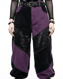 Purple and black pants with a belt on a white background