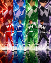 Promotional poster for the Power Rangers, featuring the five main characters in their signature colored ranger suits: red, blue, green, black, and purple. Each character is standing in front of a vibrant, glowing background corresponding to their team color, with their reflections visible on the glossy floor below.