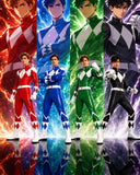 Promotional poster for the Power Rangers, featuring the five main characters in their signature colored ranger suits: red, blue, green, black, and purple. Each character is standing in front of a vibrant, glowing background corresponding to their team color, with their reflections visible on the glossy floor below.