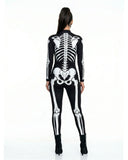 Women’s skeleton body suit Halloween costume with black fitted bodysuit and white full-body bone print