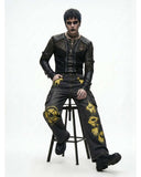 Mens wide leg cargo jeans with dark wash and bold Y2K graphic artwork by TRIPPPRS Death-Core