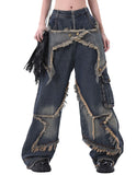 Women's Patchwork Fringe Pocket Wide Leg Loose Casual Cargo Boyfriend Jeans