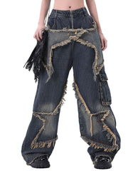 Women's Patchwork Fringe Pocket Wide Leg Loose Casual Cargo Boyfriend Jeans